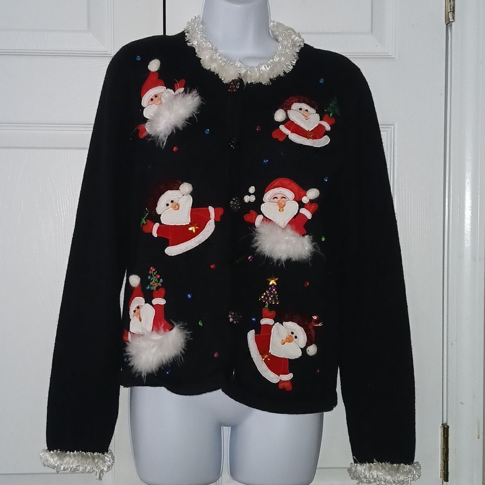 Berek Vintage Christmas Holiday Santa cardigan faux fur trim Sz M